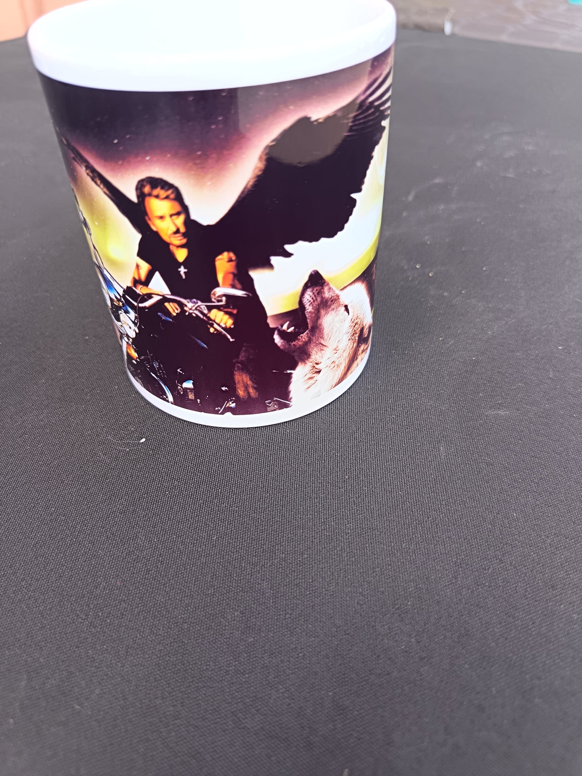 Tasse céramique Johnny Hallyday aigle loup moto design épique